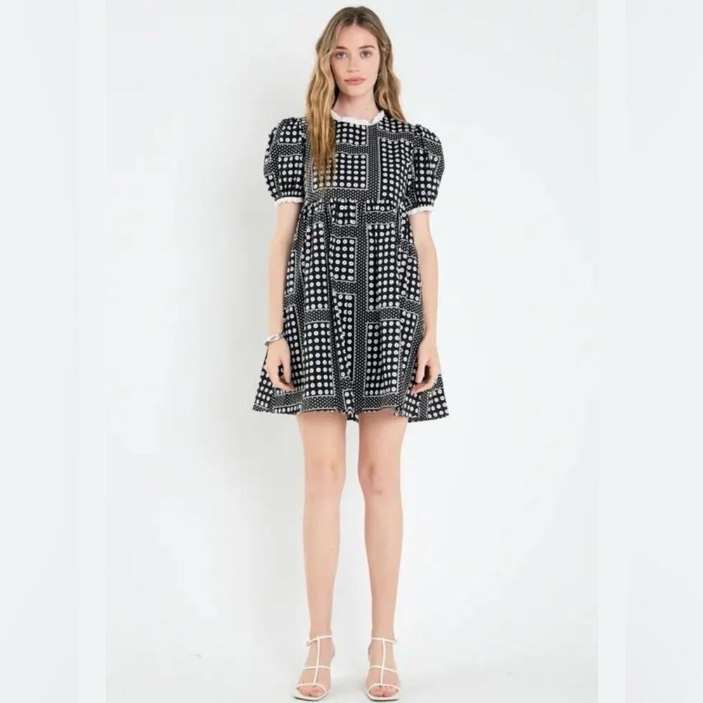 English Factory Black and White Puff Sleeve Mini Dress